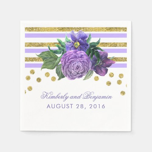 Purple Flowers and Gold Glitter Wedding Paper Napkins