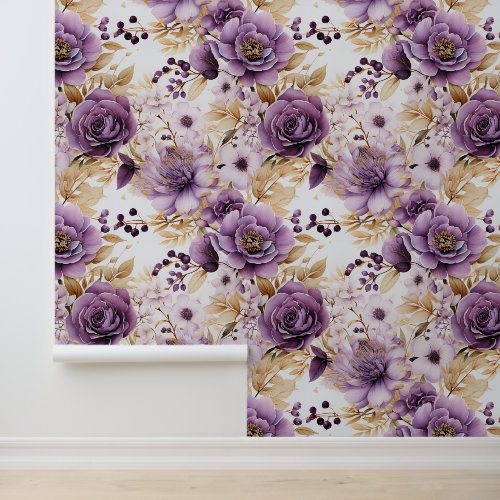 Purple Flowers And Gold Leaves Peel And Stick Wallpaper Purple Flowers And Gold Leaves Peel And Stick Wallpaper