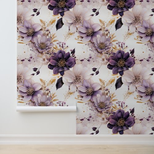 Purple Flowers And Gold Leaves Peel And Stick Wallpaper