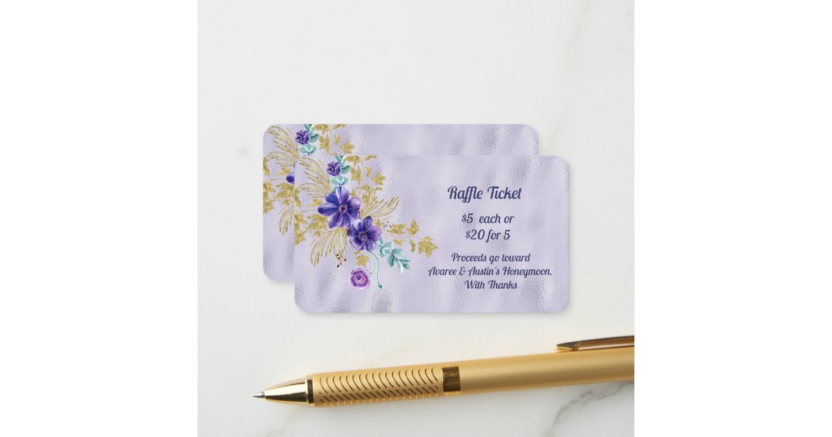 Purple Ribbon Raffle Purple Flowers and Gold Leaves Purple Foil Raffle Enclosure Card | Zazzle