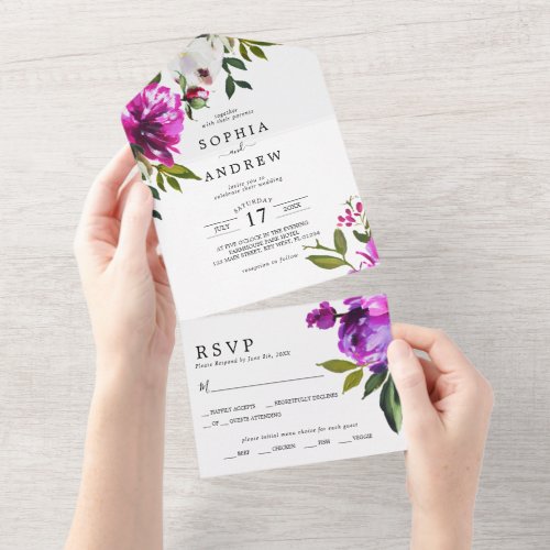 Purple Flowers and Greenery Leaves Wedding All In One Invitation