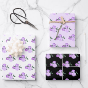 Purple Flowers and Greenery Pattern Wrapping Paper Sheets