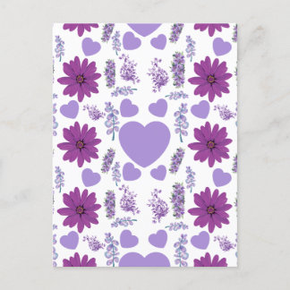 Purple flowers and heart seamless pattern postcard