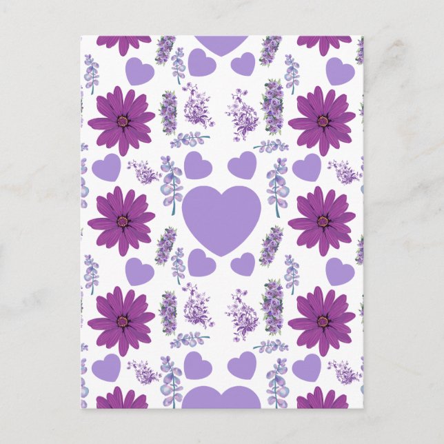 Purple flowers and heart seamless pattern  postcard (Front)