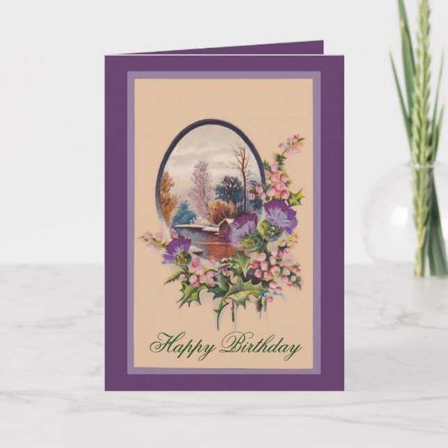 Purple Flowers and Holly Card (Front)