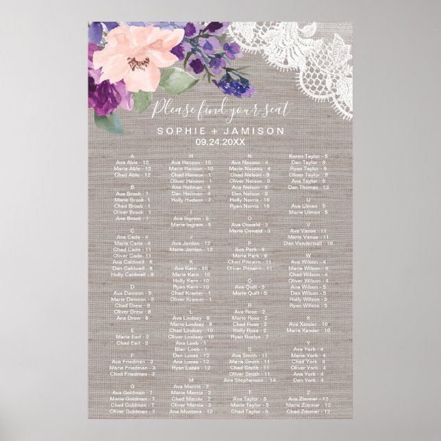Purple Flowers and Lace Alphabetical Seating Chart (Front)