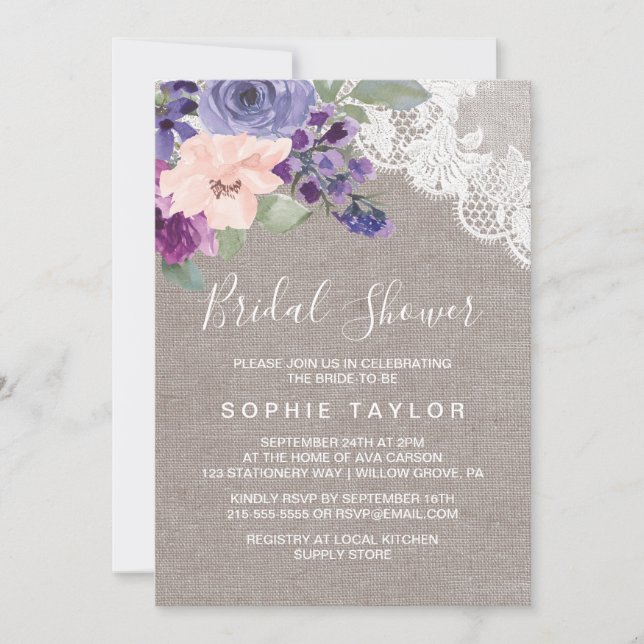 Purple Flowers and Lace Bridal Shower Invitation (Front)
