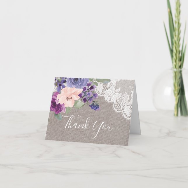 Purple Flowers and Lace Folded Wedding Thank You Card (Front)