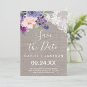 Purple Flowers and Lace Save the Date Card (Standing Front)