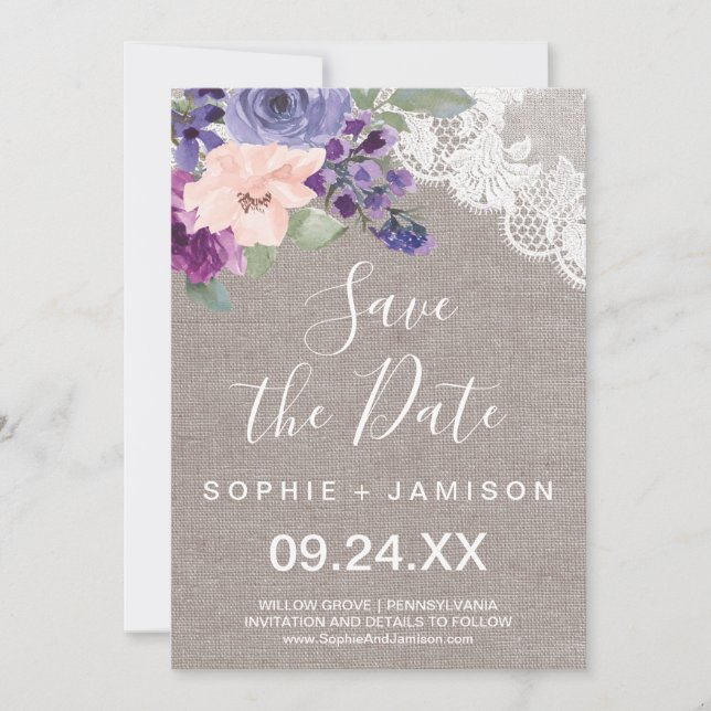 Purple Flowers and Lace Save the Date Card (Front)