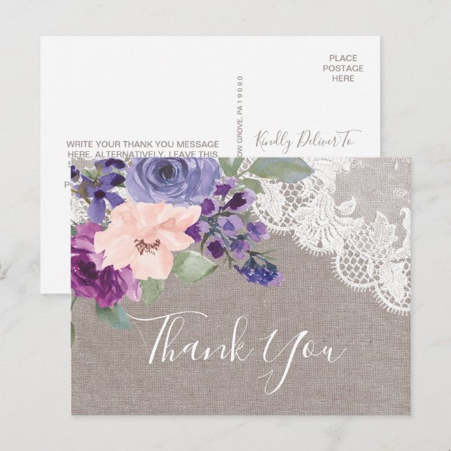 Purple Flowers and Lace Thank You Postcard (Front/Back)