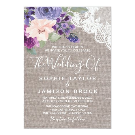 Purple Flowers and Lace The Wedding Of Invitation