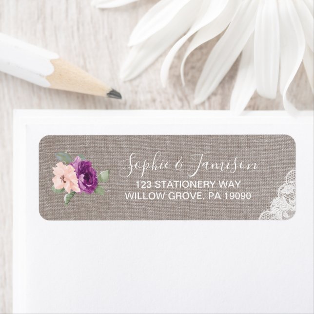 Purple Flowers and Lace Wedding Label (Insitu)