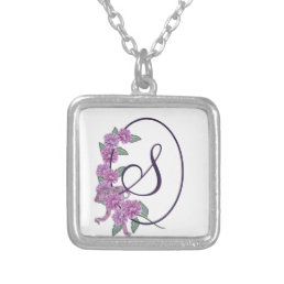 Purple Flowers and Monogram Silver Plated Necklace