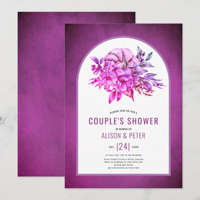 Purple flowers and pumpkin fall couples shower invitation (Front/Back)