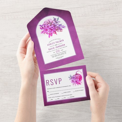 Purple flowers and pumpkin fall wedding all in one all in one invitation