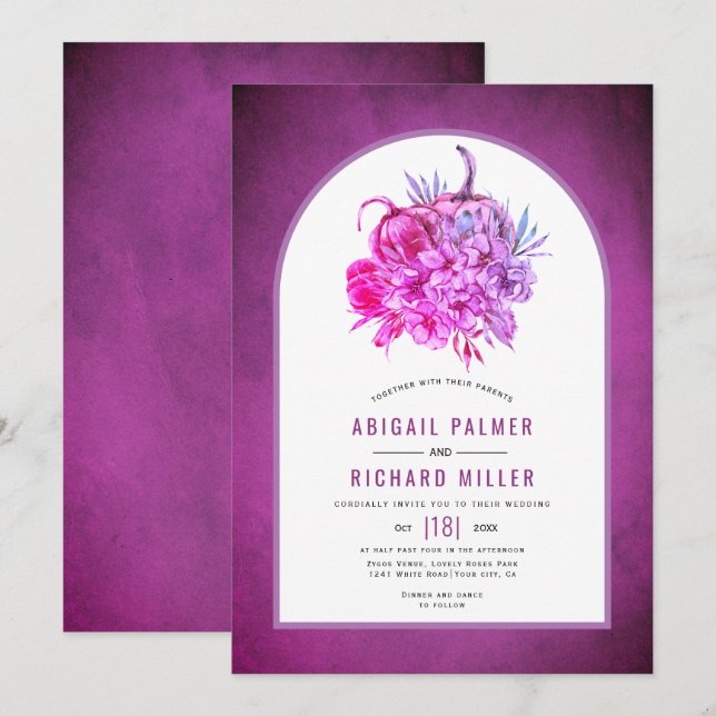 Purple flowers and pumpkins fall wedding invitation (Front/Back)