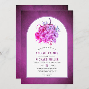 Purple flowers and pumpkins fall wedding invitation