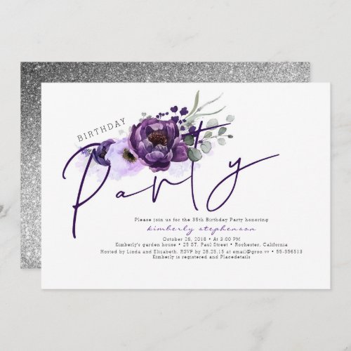Purple Flowers and Silver Glitter Birthday Party Invitation