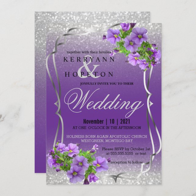 Purple Flowers and Silver Glitter Invitation (Front/Back)