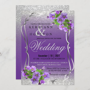Purple Flowers and Silver Glitter Invitation
