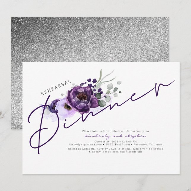 Purple Flowers and Silver Glitter Rehearsal Dinner Invitation (Front/Back)