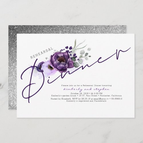 Purple Flowers and Silver Glitter Rehearsal Dinner Invitation