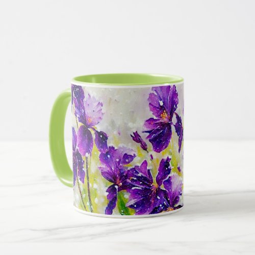 Purple Flowers and Snow Falling Art Mug