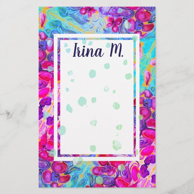 Purple Flowers and Turquoise Petals Fantasy Stationery (Front)