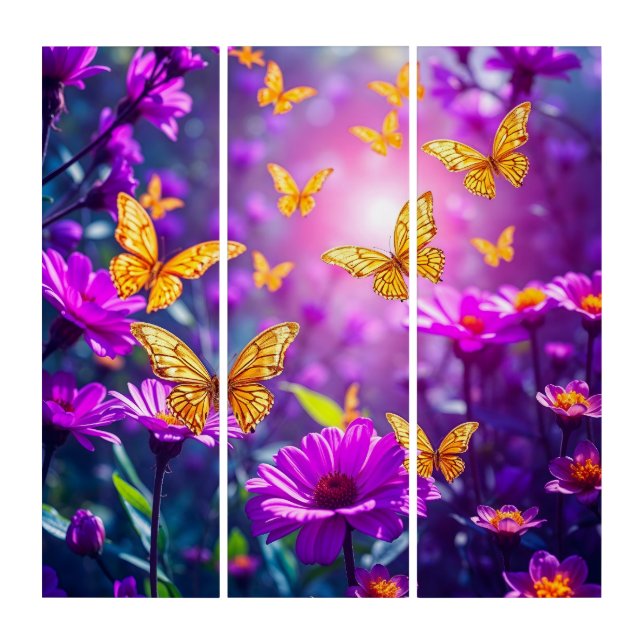 Purple Flowers and Yellow Butterflies Triptych (Front)