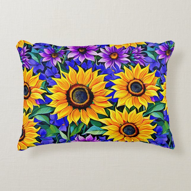 Purple Flowers and Yellow Sunflowers Floral Accent Pillow (Front)