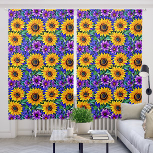 Purple Flowers and Yellow Sunflowers Floral Blackout Curtains