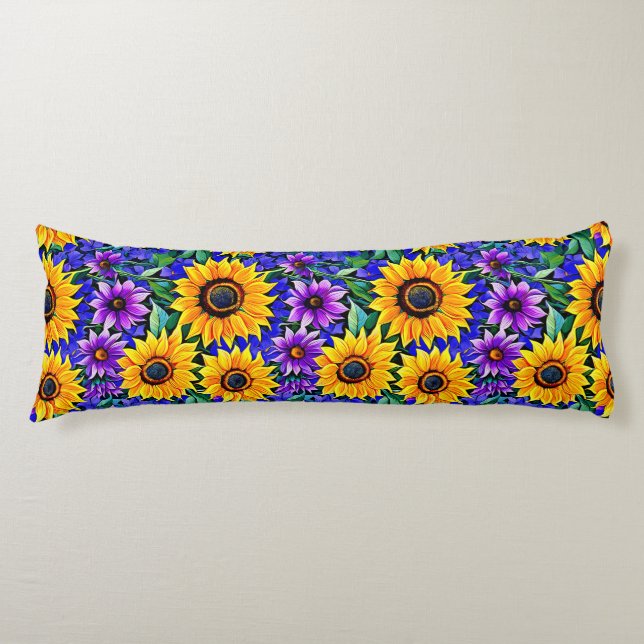 Purple Flowers and Yellow Sunflowers Floral Body Pillow (Front)