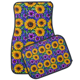 Purple Flowers and Yellow Sunflowers Floral Car Floor Mat