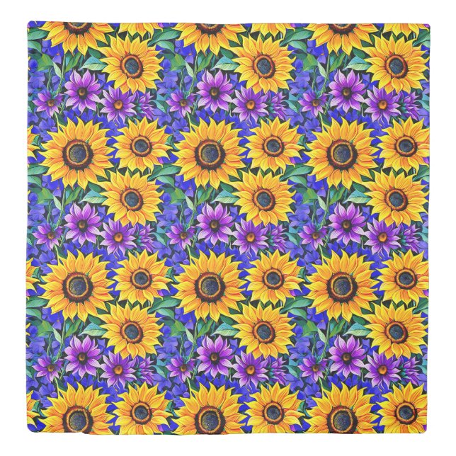 Purple Flowers and Yellow Sunflowers Floral Duvet Cover (Front)