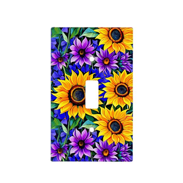 Purple Flowers and Yellow Sunflowers Floral Light Switch Cover (Front)