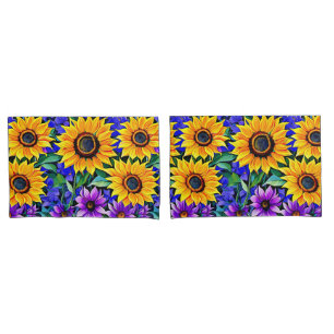 Purple Flowers and Yellow Sunflowers Floral Pillow Case