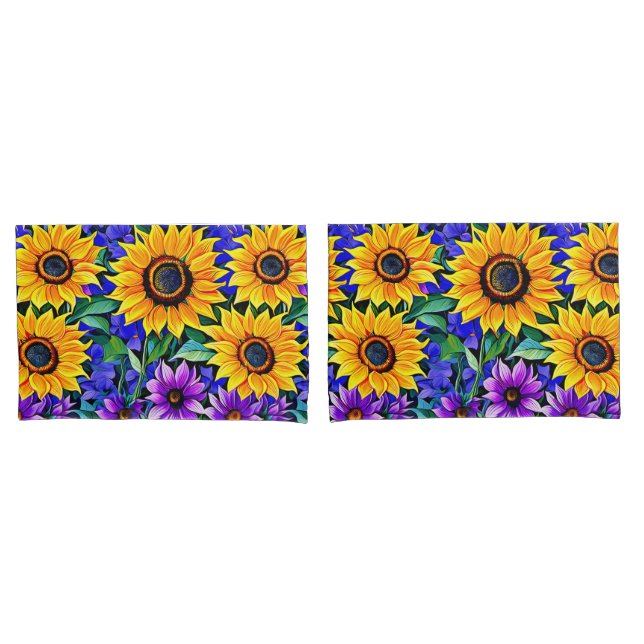 Purple Flowers and Yellow Sunflowers Floral Pillow Case (Front-Set)