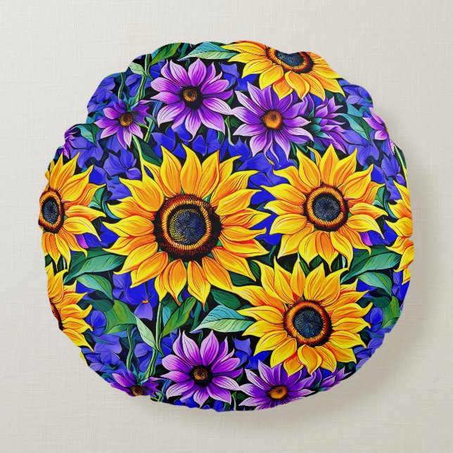 Purple Flowers and Yellow Sunflowers Floral Round Pillow (Front)