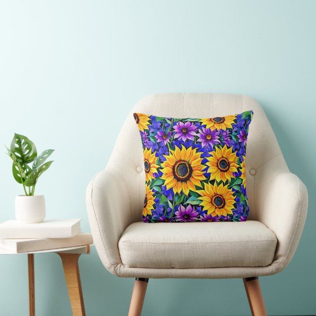 Purple Flowers and Yellow Sunflowers Floral Throw Pillow (Chair)