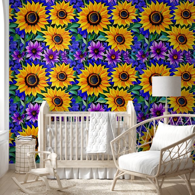 Purple Flowers and Yellow Sunflowers Floral Wallpaper (Kids)