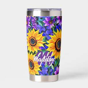 Purple Flowers and Yellow Sunflowers Personalized Insulated Tumbler