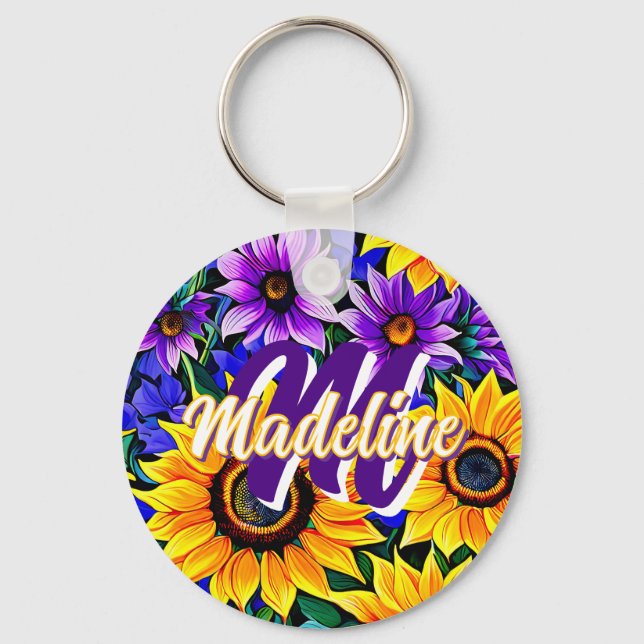 Purple Flowers and Yellow Sunflowers Personalized Keychain (Front)
