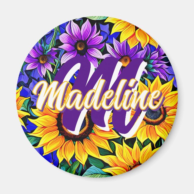 Purple Flowers and Yellow Sunflowers Personalized Magnet (Front)