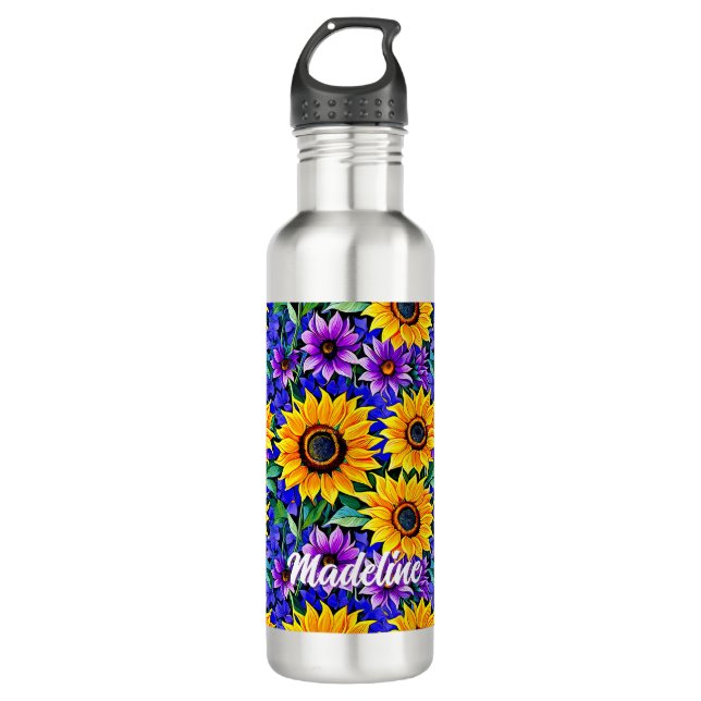 Purple Flowers and Yellow Sunflowers Personalized Stainless Steel Water Bottle (Front)