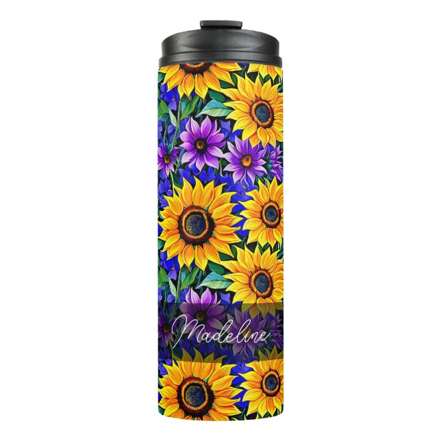 Purple Flowers and Yellow Sunflowers Personalized Thermal Tumbler (Front)