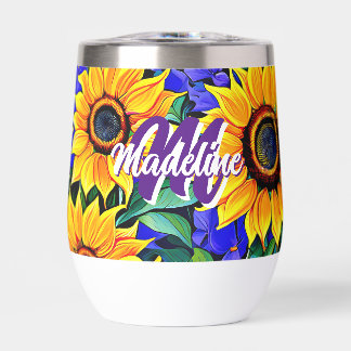 Purple Flowers and Yellow Sunflowers Personalized Thermal Wine Tumbler