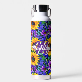 Purple Flowers and Yellow Sunflowers Personalized Water Bottle