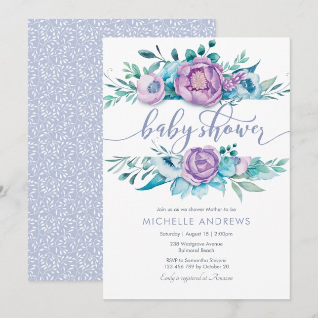Purple Flowers Baby Shower Invitation (Front/Back)