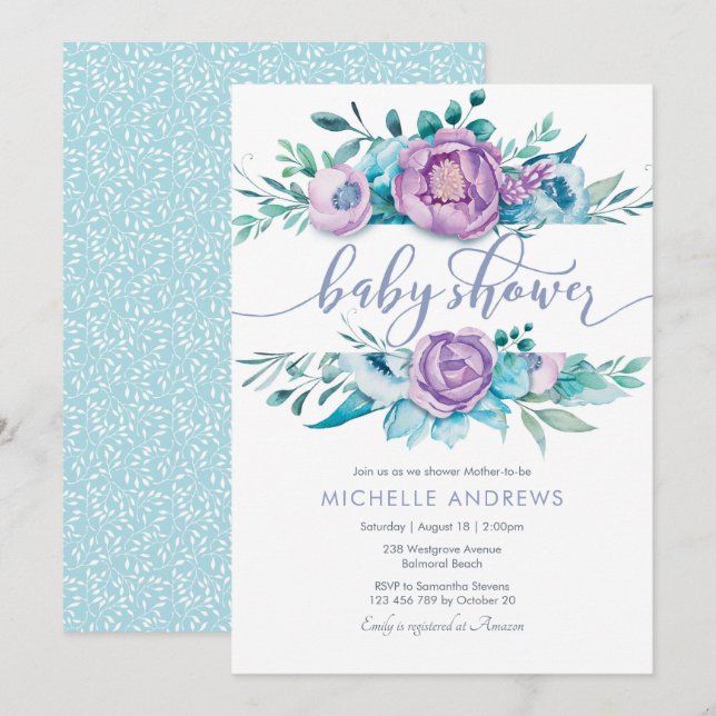 Purple Flowers Baby Shower Invitation (Front/Back)